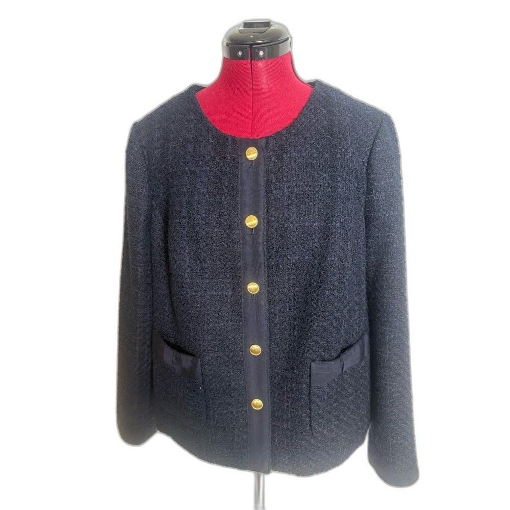 Talbots Bouclé Jacket Women's Size 14 Navy Blue Gold-Tone Buttons